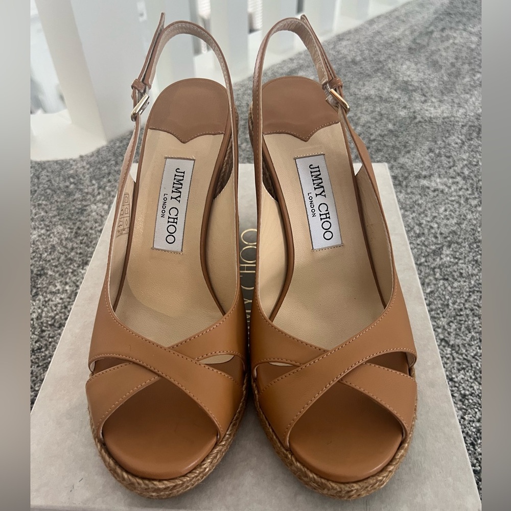 Jimmy Choo Carmel Brown Leather Wedge Sandals - Picture 3 of 13